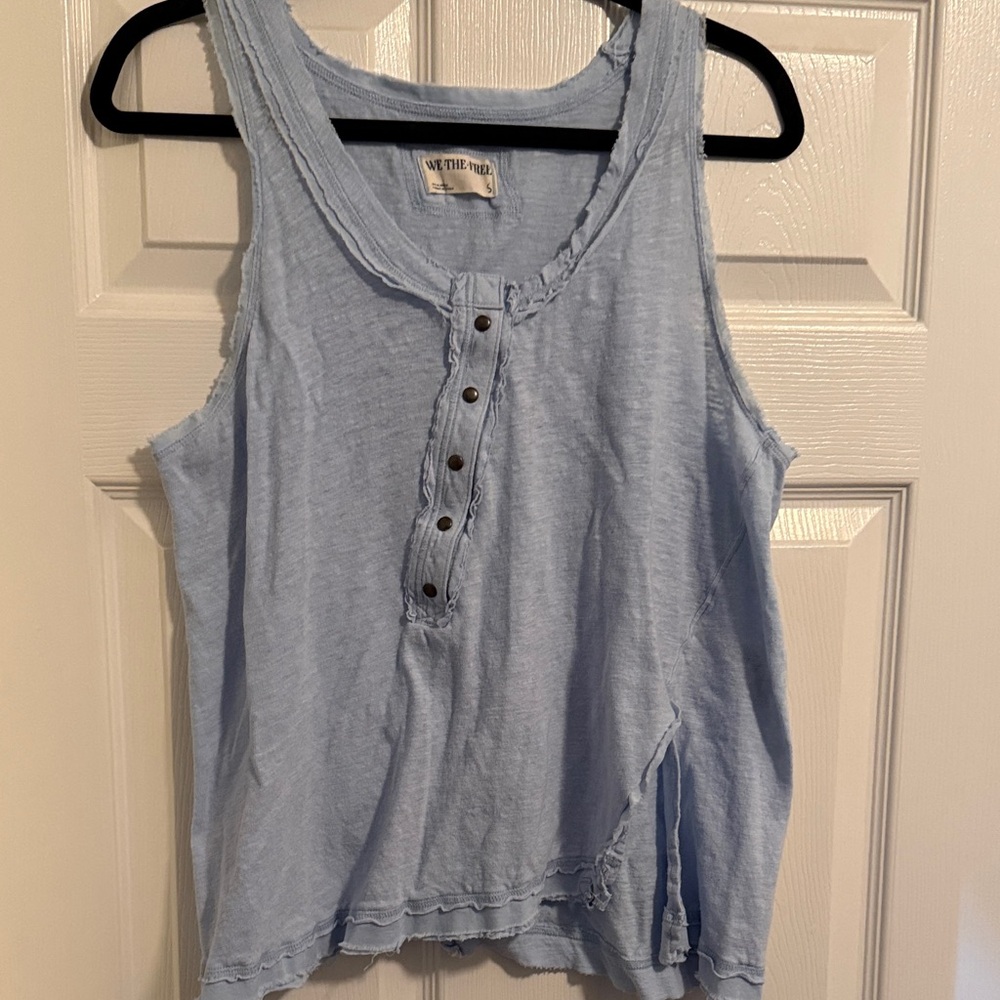 We The Free Sky Blue Henley Tank with Raw-Edge Detail